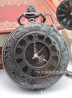 2025大号黑色镂空罗马项链怀表银色金面数字复古怀表礼品手表