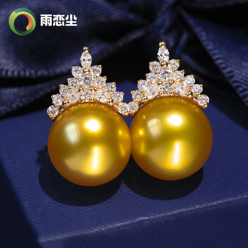 吉尔德赤金冰雪女王耳钉天然海水珍珠耳环正圆强光18K黄金钻石