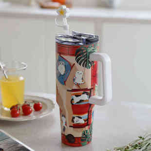 李喜猫可爱猫咪双层不锈钢保温保冰大容量手柄汽车杯吸管杯冰霸杯