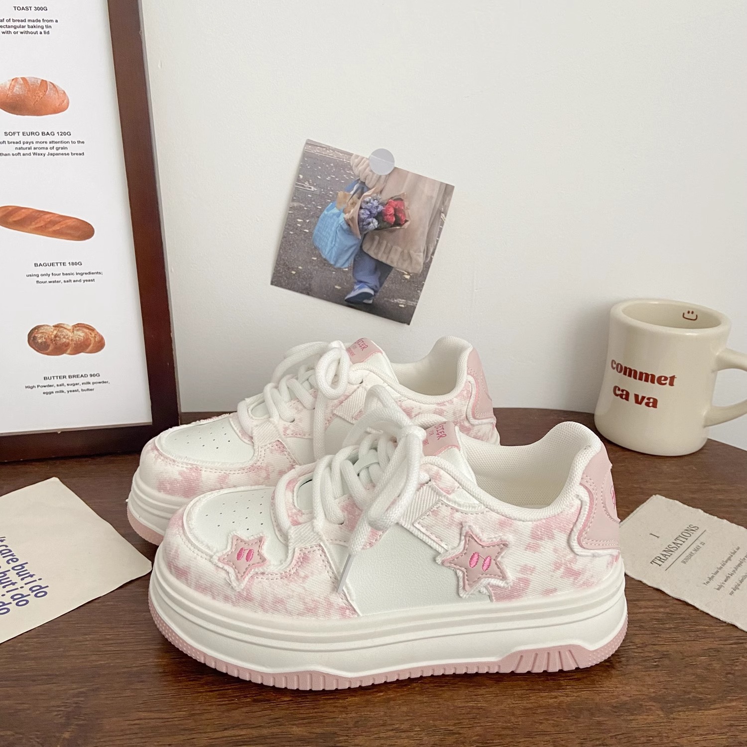 日式粉色厚底面包鞋女星星春季chic小众设计透气运动小白鞋子
