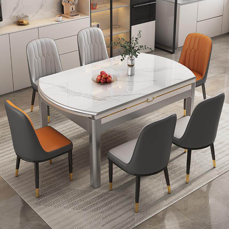 现代简约岩板实木餐桌椅组合家用小户型可伸缩方圆两用饭桌餐桌子