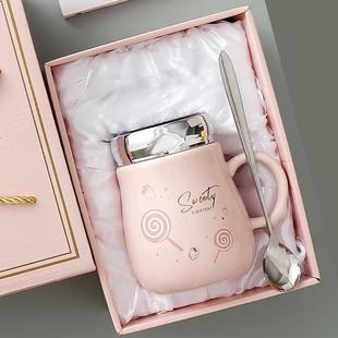 水杯女生2024卡通陶瓷杯带盖勺早餐咖啡杯大容量马克杯家用茶杯子