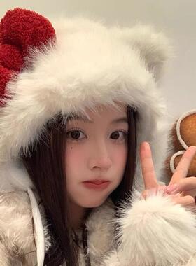2024年可爱猫咪蝴蝶结毛绒帽韩系冬季少女心时尚保暖防冻耳帽子女