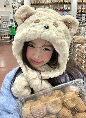 卡通小熊毛绒帽秋冬学生骑行加厚防风护耳保暖雷锋帽围巾帽子一体