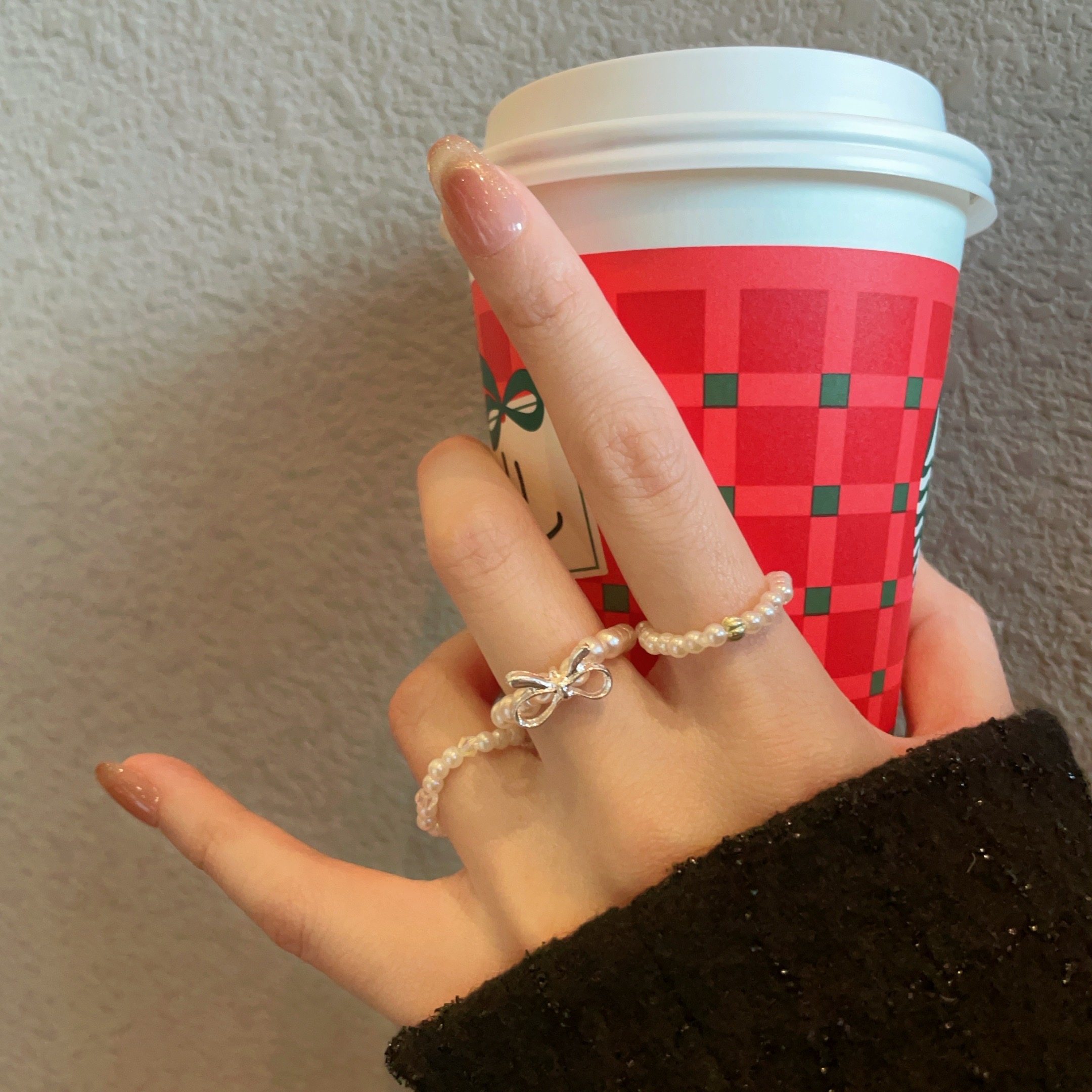 蝴蝶结珍珠串珠戒指轻奢百搭