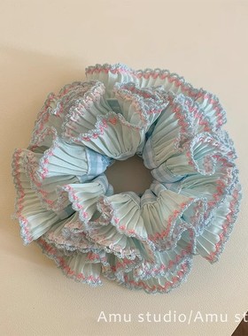 甜美蓝色格子花边多层大肠发圈少女扎头发丸子头发绳侧低马尾头绳