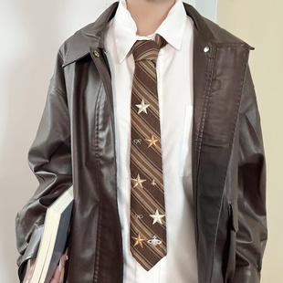 甜酷复古学院风棕色斜纹星星领带女vintage中古小众创意领巾配饰