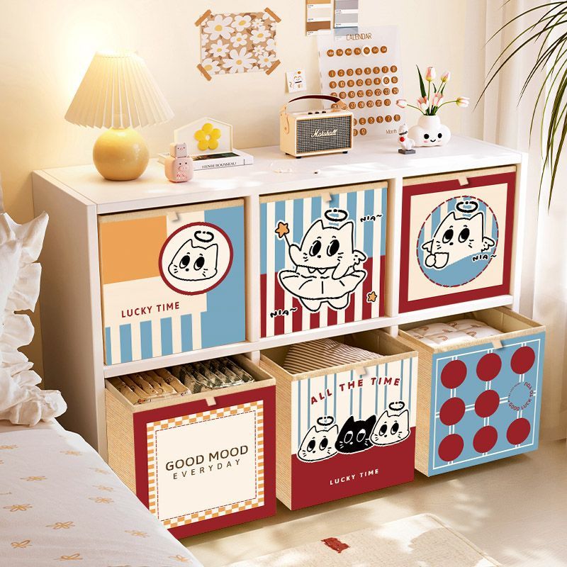 奶油风猫咪折叠收纳筐卡莱克格子柜布艺衣物玩具大号收纳箱可定制