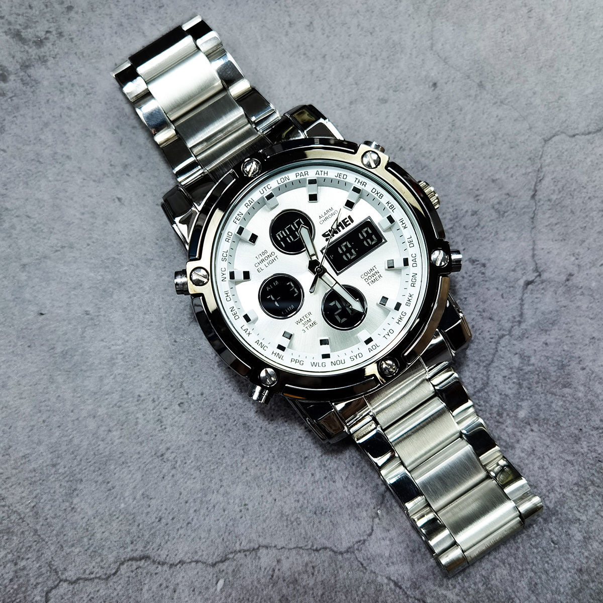 欧洲站大表盘双机芯多功能时尚电子表钢带手表男士防水夜光腕表男