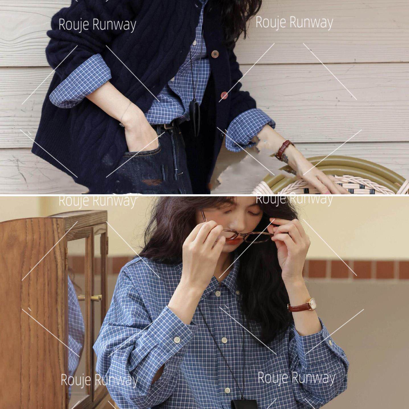 法式Rouje Runway蓝色格纹衬衫女高级感减龄洋气叠穿内搭衬衣上衣