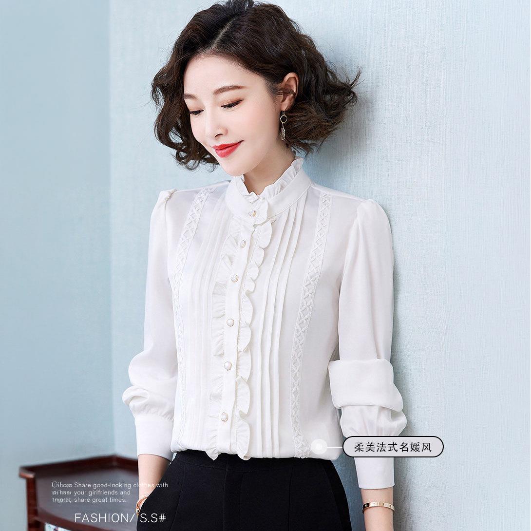 白色雪纺长袖衬衫女2026春秋新款洋气花边法式小衫修身显瘦上衣