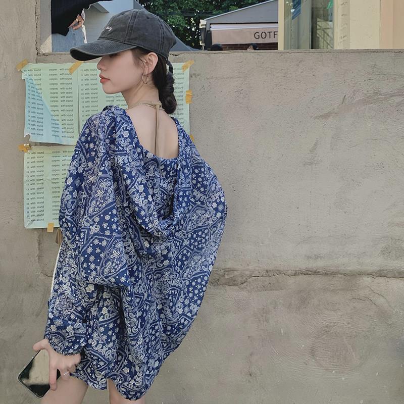 SPYB休闲 覆古印花套装女2025夏季薄款防晒连帽运动阔腿短裤两件