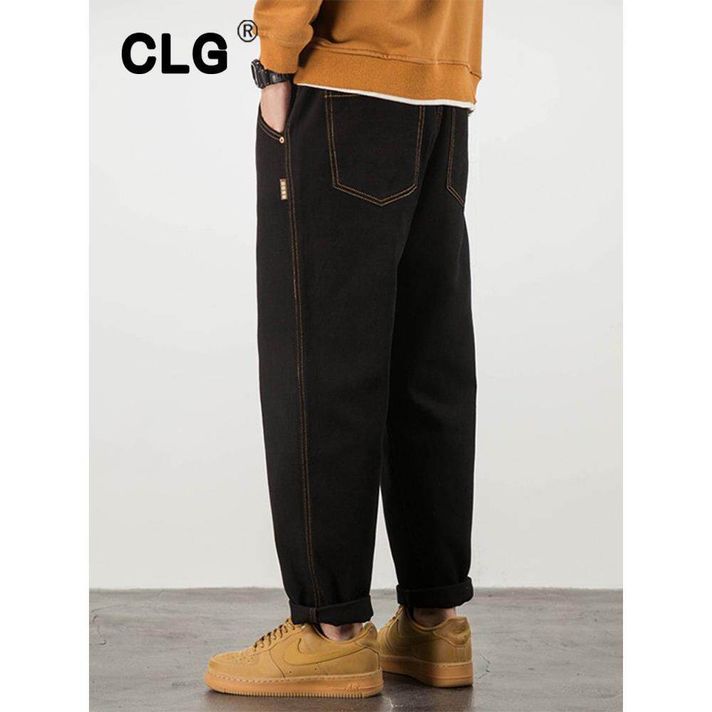 香港潮牌休闲牛仔裤男宽松直筒秋冬加厚加绒裤子潮流大码锥形长裤