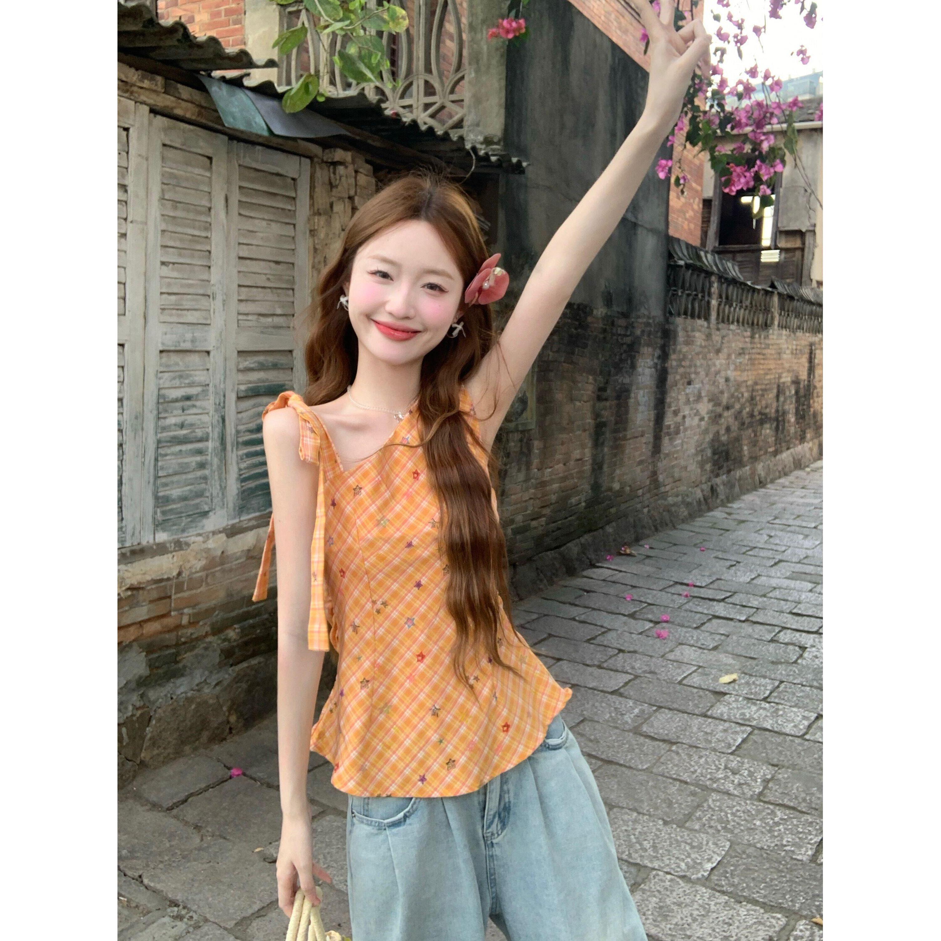 Rixo Kelly多巴胺星星格纹斜肩吊带背心女夏季蝴蝶结绑带无袖上衣