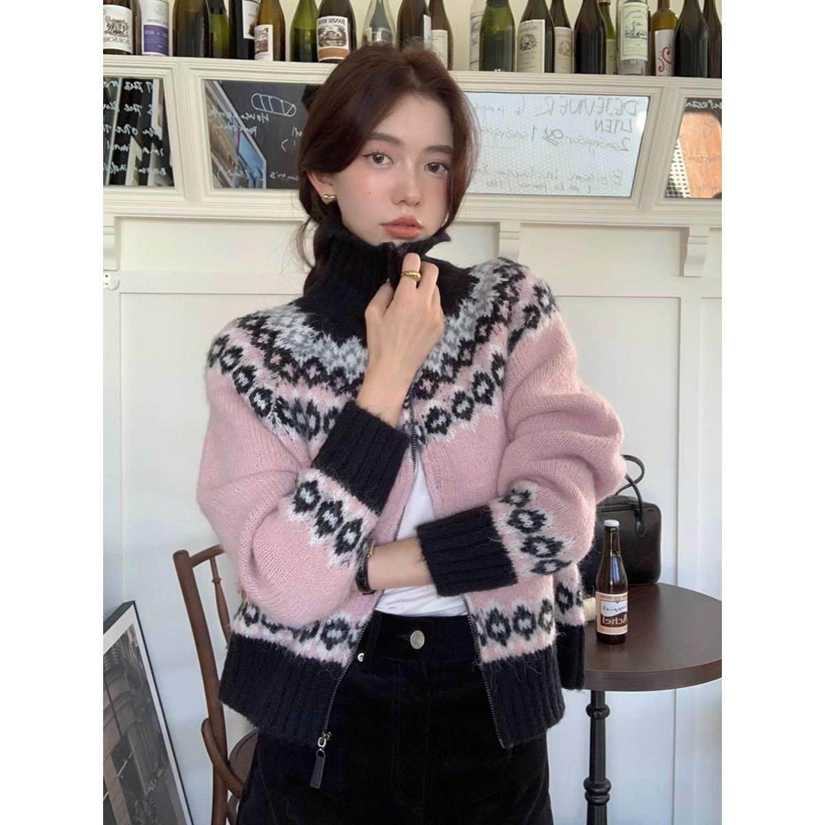 Ckapo Rouje法式覆古费尔岛提花拉炼毛衣外套女圣诞节针织开衫冬,女装/女士精品,常规大码外套,淘宝优惠券,粉丝福利购,淘宝优惠卷