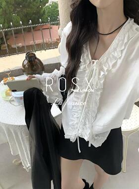 ROSX法式氛围感木耳边系带白色衬衫女春日新款轻熟风宽松v领衬衣
