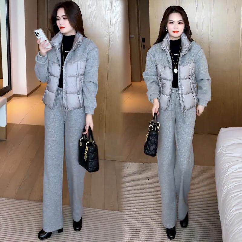 时尚休闲加绒羽绒棉服套装女2026冬季新款保暖外套阔腿裤两件套潮