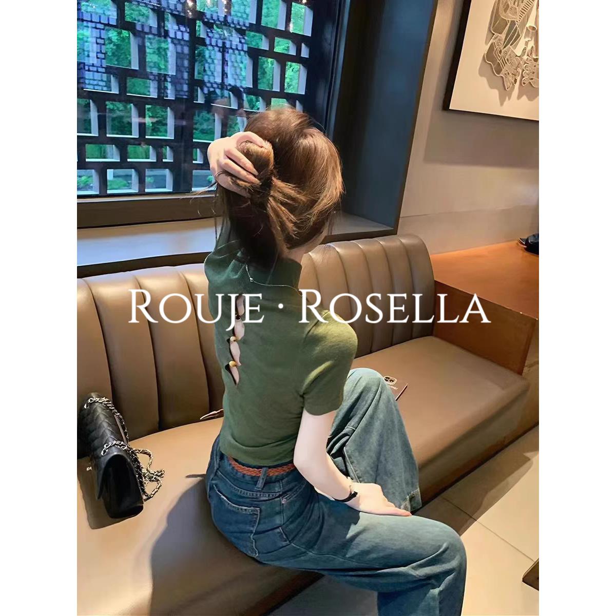 法国Rouje Rosella镂空冰丝薄款半高领针织衫女春短款长袖上衣