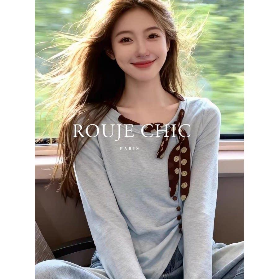法国rouje chic春季蓝色蝴蝶结飘带长袖T恤女法式不规则薄款罩衫
