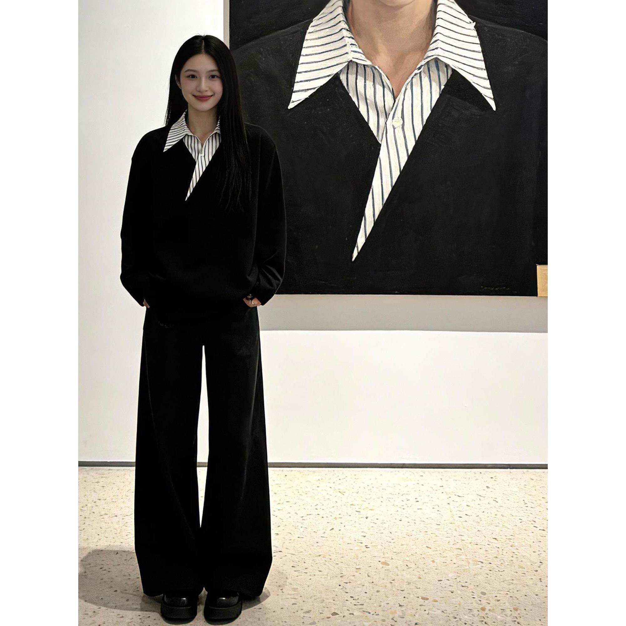 黑色衬衫V领假两件长袖t恤男春秋季美式潮牌痞帅设计拼接条纹卫衣