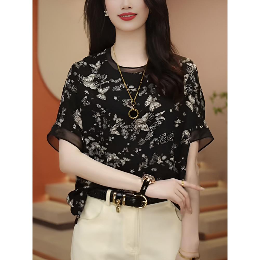 韩国碎花休闲短袖t恤女2025夏季新款洋气时尚显瘦百搭小衫上衣潮