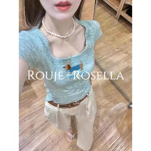 法国Rouje Rosella精致专辑⭐蓝色方领小狗针织T恤女夏季绝美上衣