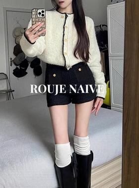 ROUJE NAIVE黑色配靴子毛呢短裤女春秋新款高腰显瘦a字打底休闲裤
