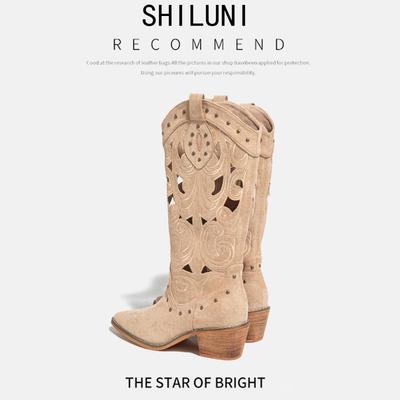 覆古真皮镂空西部牛仔靴女2025年新款夏季时尚旅游沙漠粗跟骑行靴