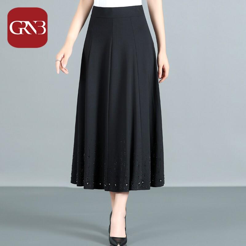 GRNB春装2026妈妈半身裙中老年女纯色半截烫钻大码垂感A字长裙