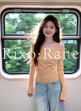 法国Rixo Rane ⭐暖橘色斜肩蝴蝶结交叉收腰上衣女夏显瘦减龄上衣