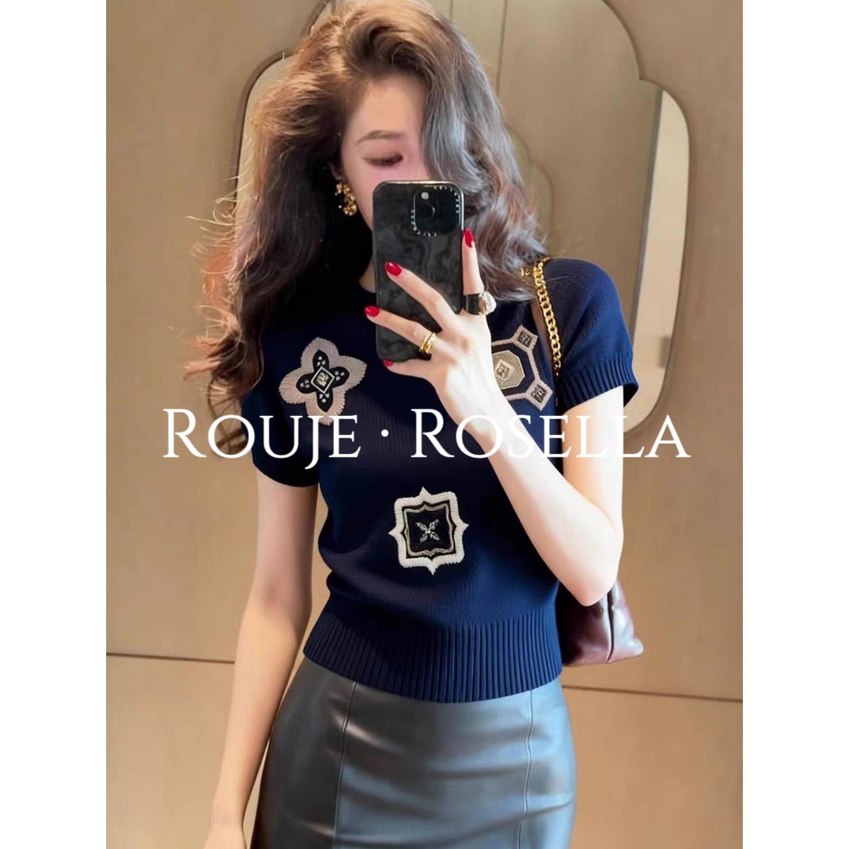 法国Rouje Rosella时髦高端蓝色印花刺绣圆领T恤女春夏绝美上衣