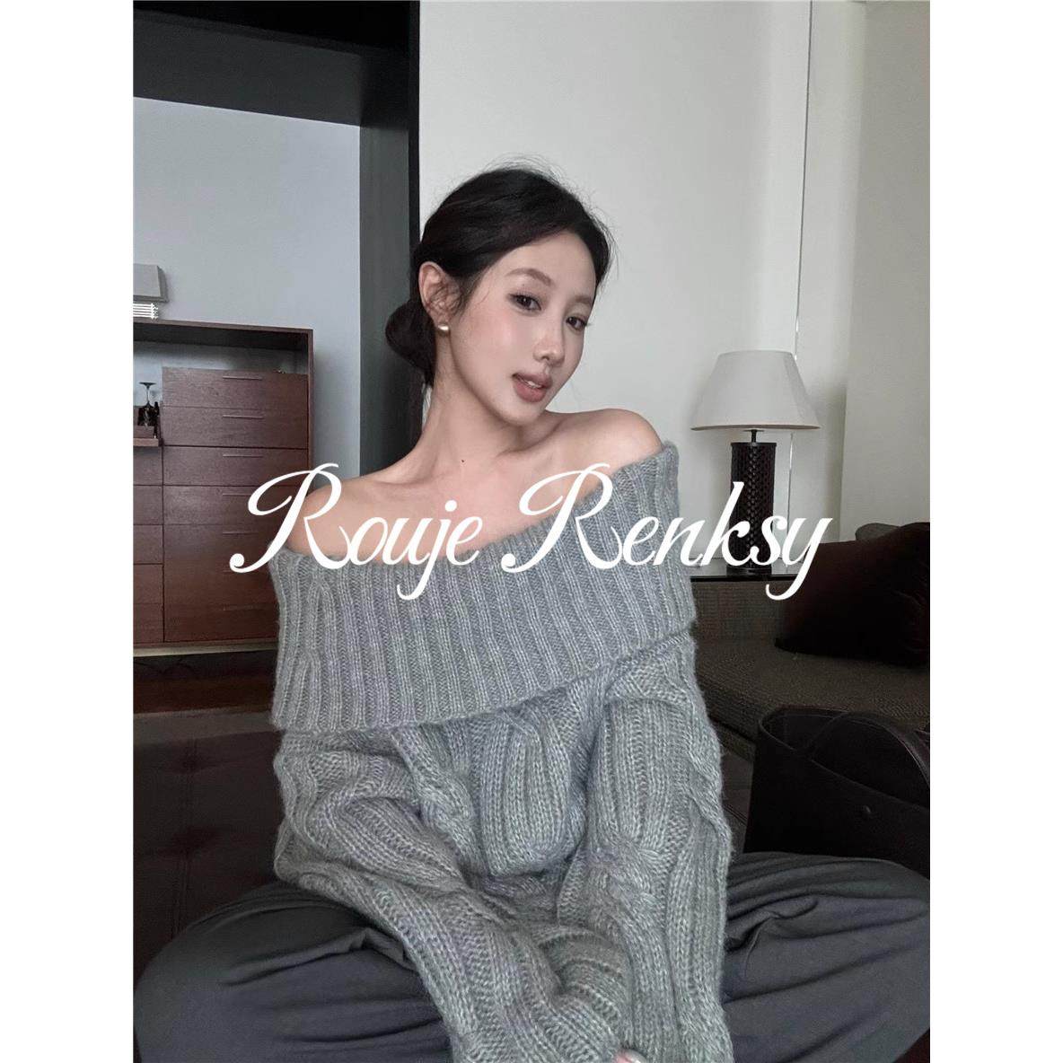 法国rouje renksy法式高级慵懒麻花一字肩毛衣女秋冬季露肩针织衫,女装/女士精品,大码内搭,淘宝优惠券,粉丝福利购,淘宝优惠卷