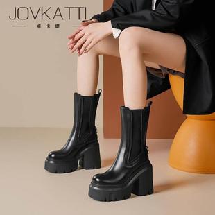 JOVKATTI百搭棕色切尔西靴冬加绒马丁靴厚底增高12cm高跟中筒靴女