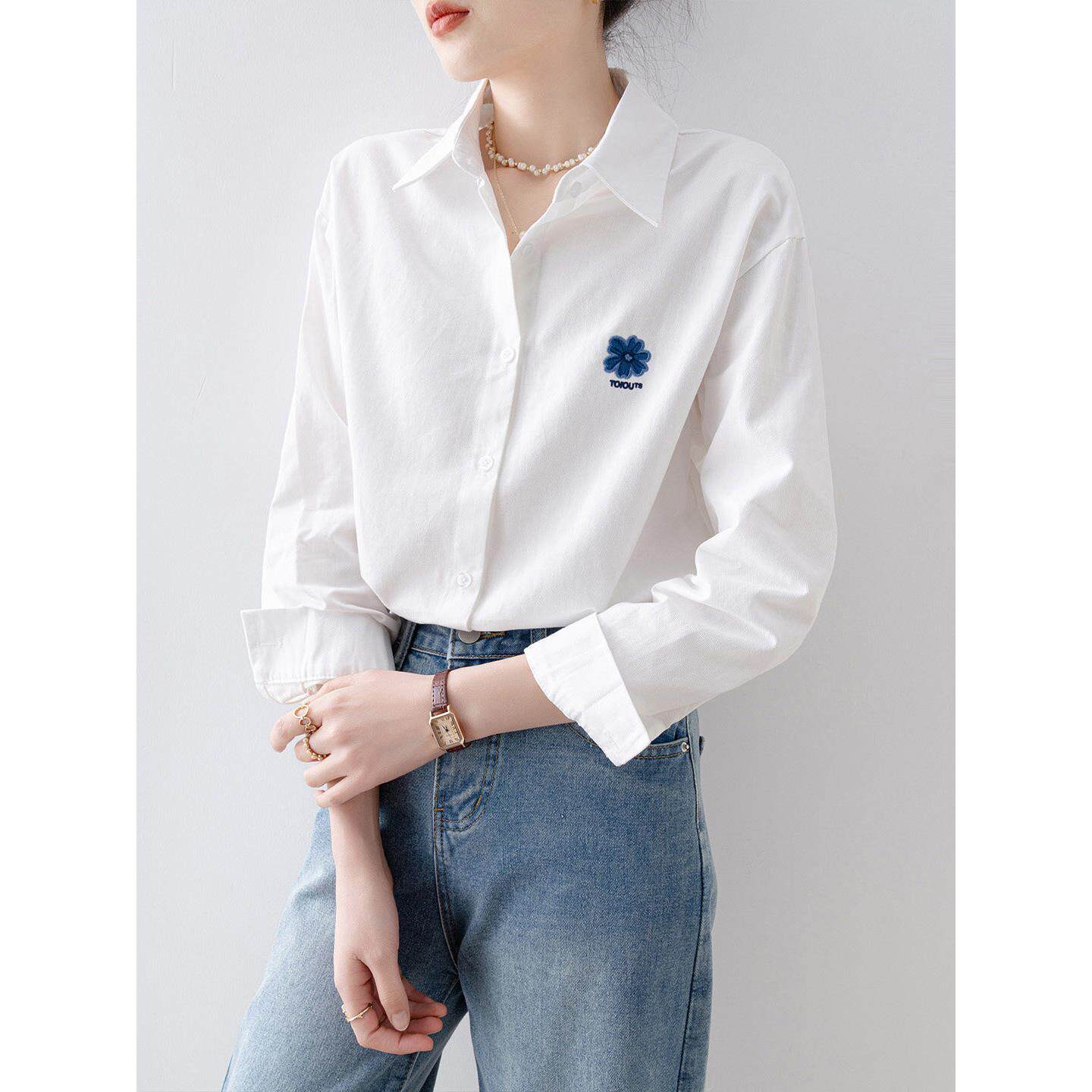 Canary Kiss白色刺绣花朵衬衫女春季长袖翻领通勤百搭气质上衣服