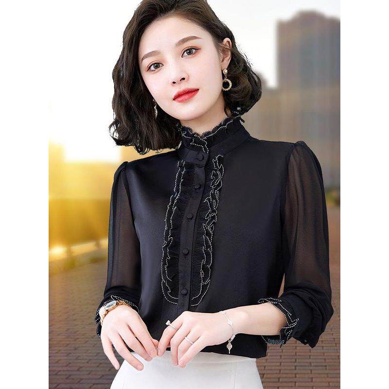 宫廷风黑色衬衫女2026春季新款洋气木耳花边立领衬衣网纱长袖上衣