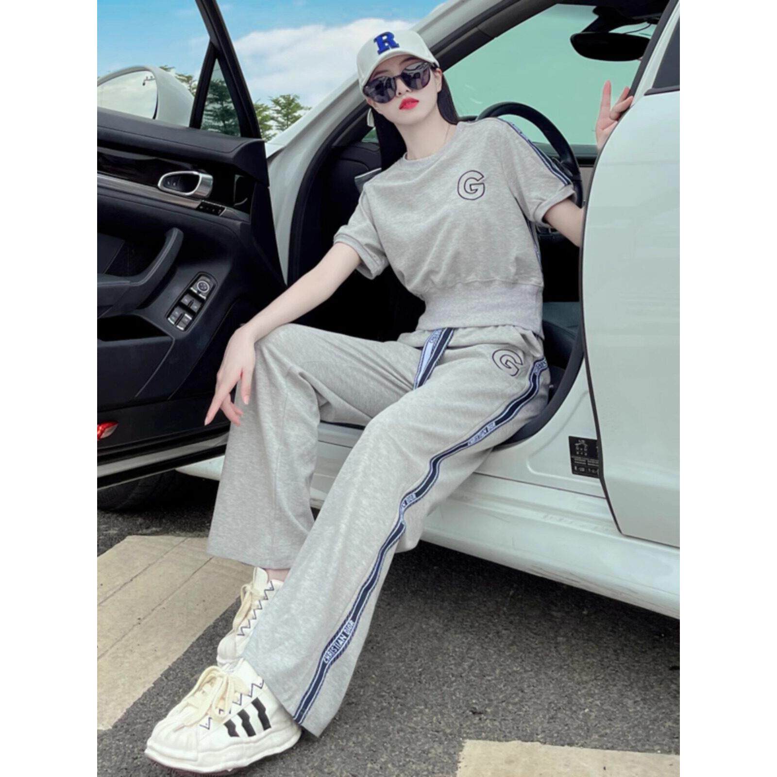 Lily休闲运动套装女士夏季新时尚减龄修身阔腿裤两件套
