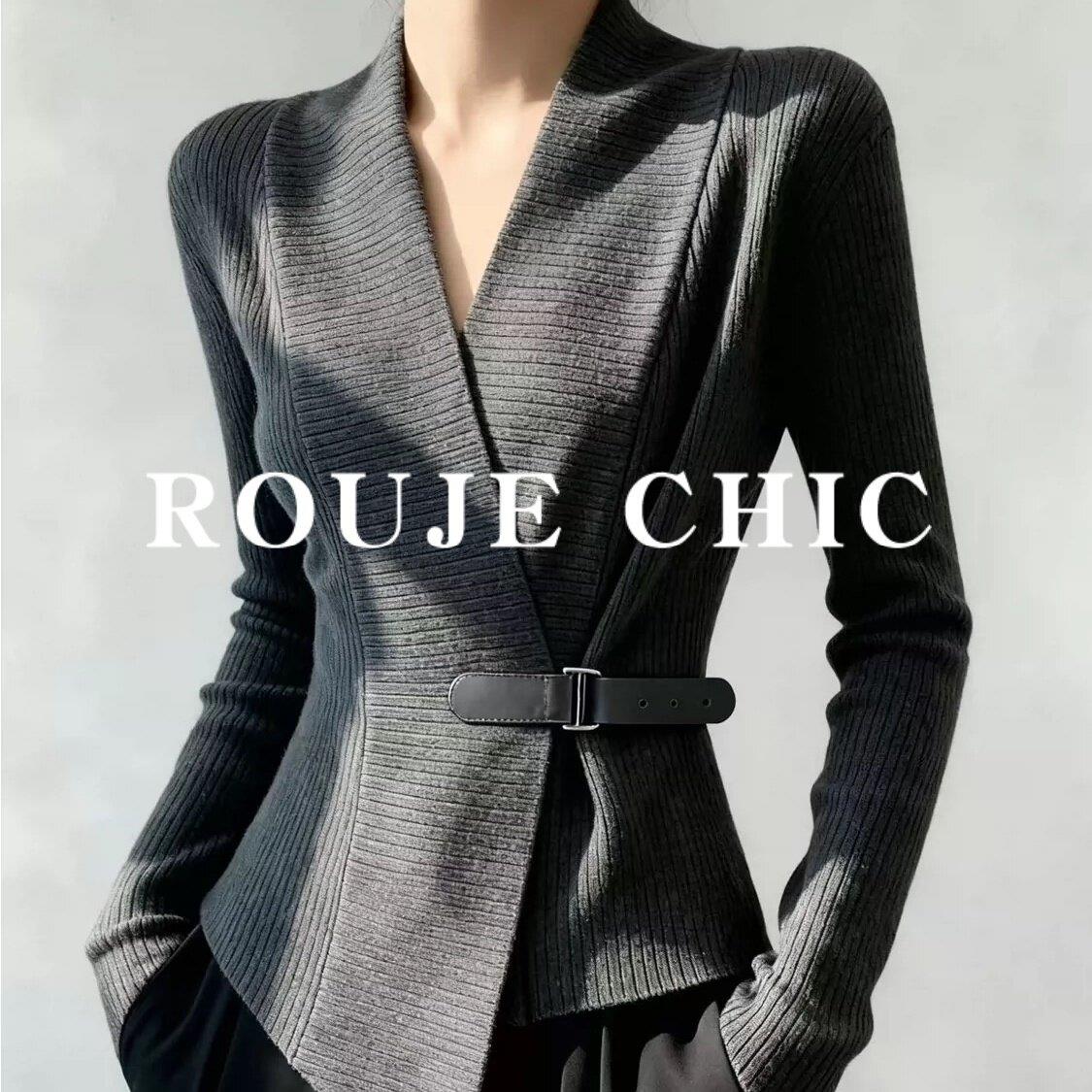 法国rouje chic设计感灰色交叉V领收腰针织衫女春季小众显瘦毛衣