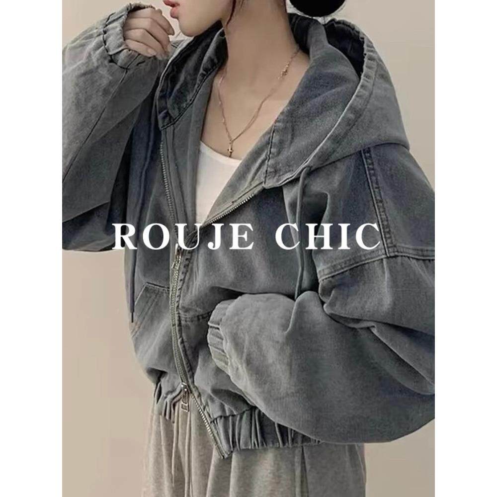 法国rouje chic法式复古风拉链式连帽牛仔外套女春季休闲短款上衣