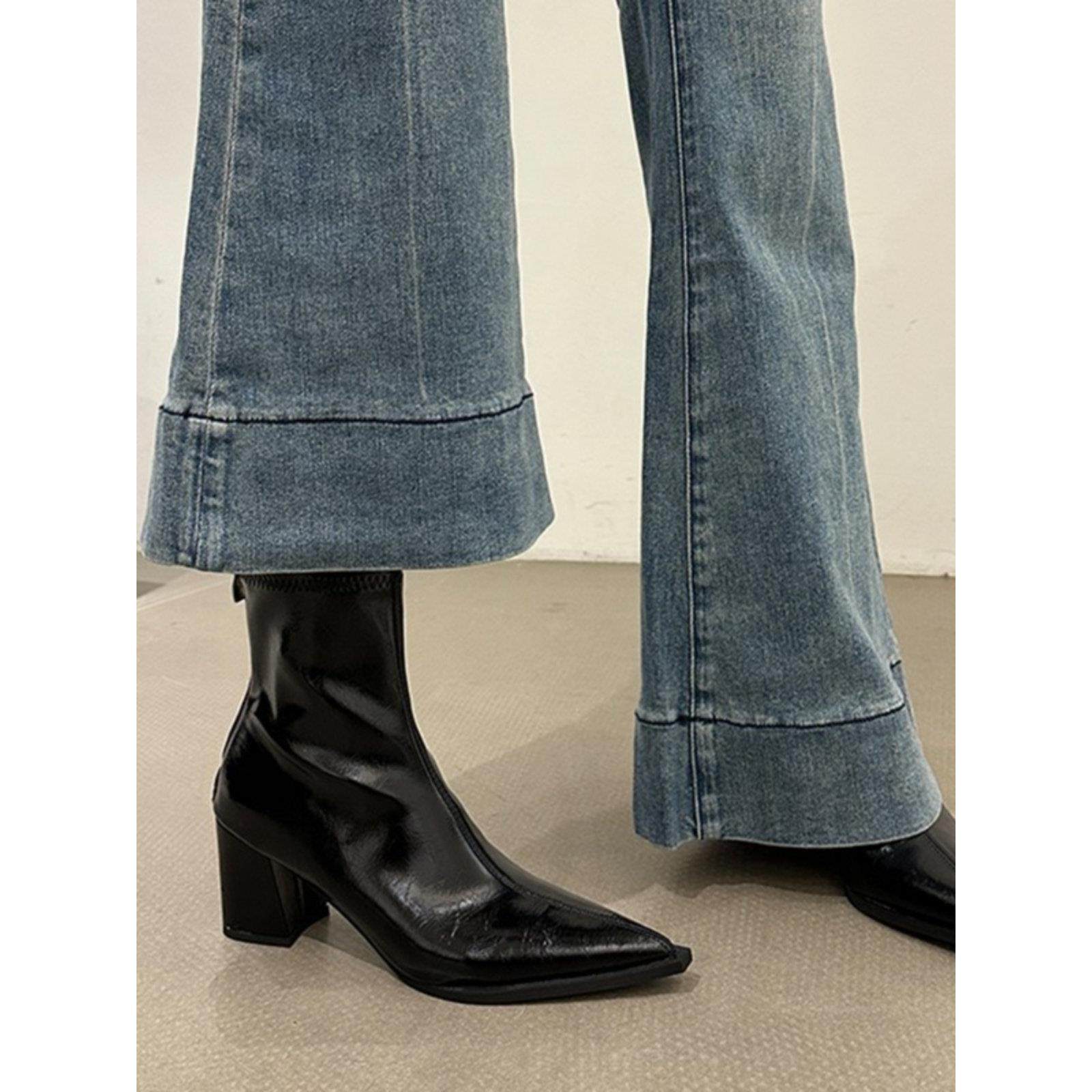 潮牌尖头短靴女新款2025秋冬高跟鞋短筒靴小众设计瘦瘦靴粗跟靴子,女鞋,时装靴,淘宝优惠券,粉丝福利购,淘宝优惠卷