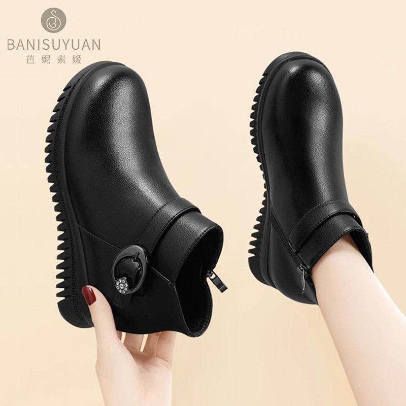 真皮平底短靴女2025年秋冬季新款防滑软底妈妈鞋加绒保暖马丁靴