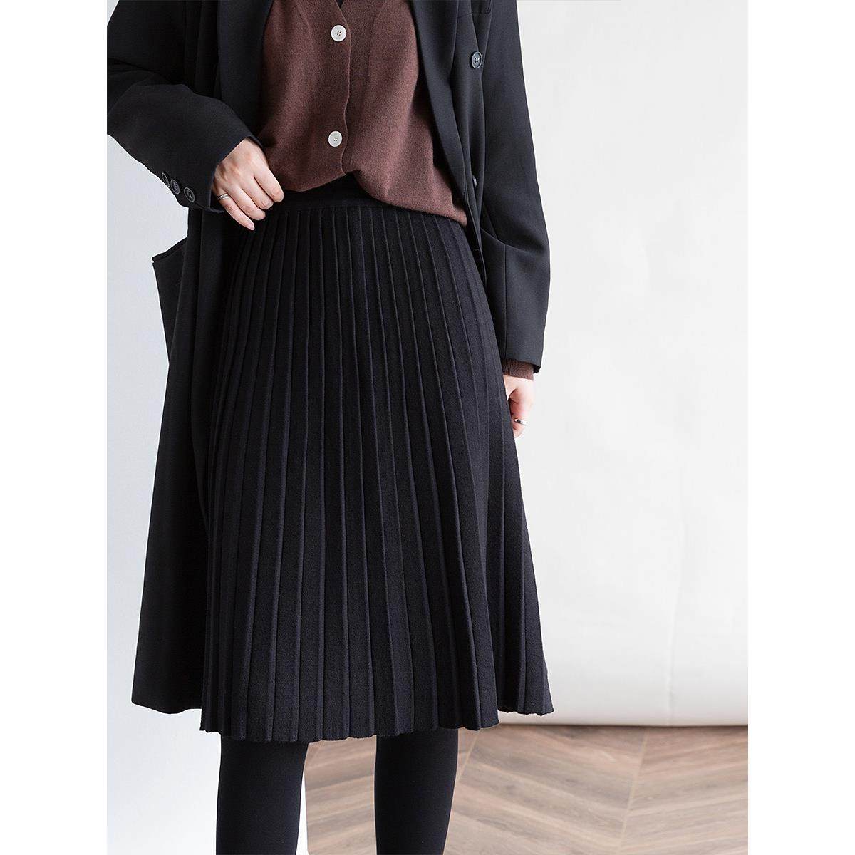 秋冬女士高腰纤细经典手风琴针织中长a字百褶裙