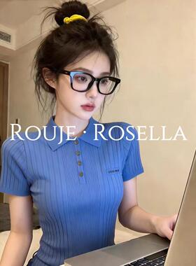 法国Rouje Rosella宝藏推荐蓝色polo领短袖t恤女夏修身正肩上衣