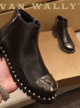 VAN WALLY欧美潮牌冬季新款马丁靴男款真皮黑色铆钉时尚皮靴男士