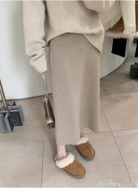 韩国NextMary燕麦色羊毛针织半身裙秋冬女小个子直筒长裙毛衣半裙