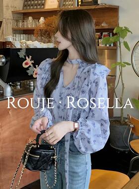 法国Rouje Rosella轻熟风v领碎花雪纺衬衫女荷叶边系带长袖衬衣