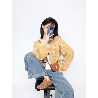 Rouje Damas黄色短款花杂圈圈针织开衫女秋冬设计感毛衣外套上衣