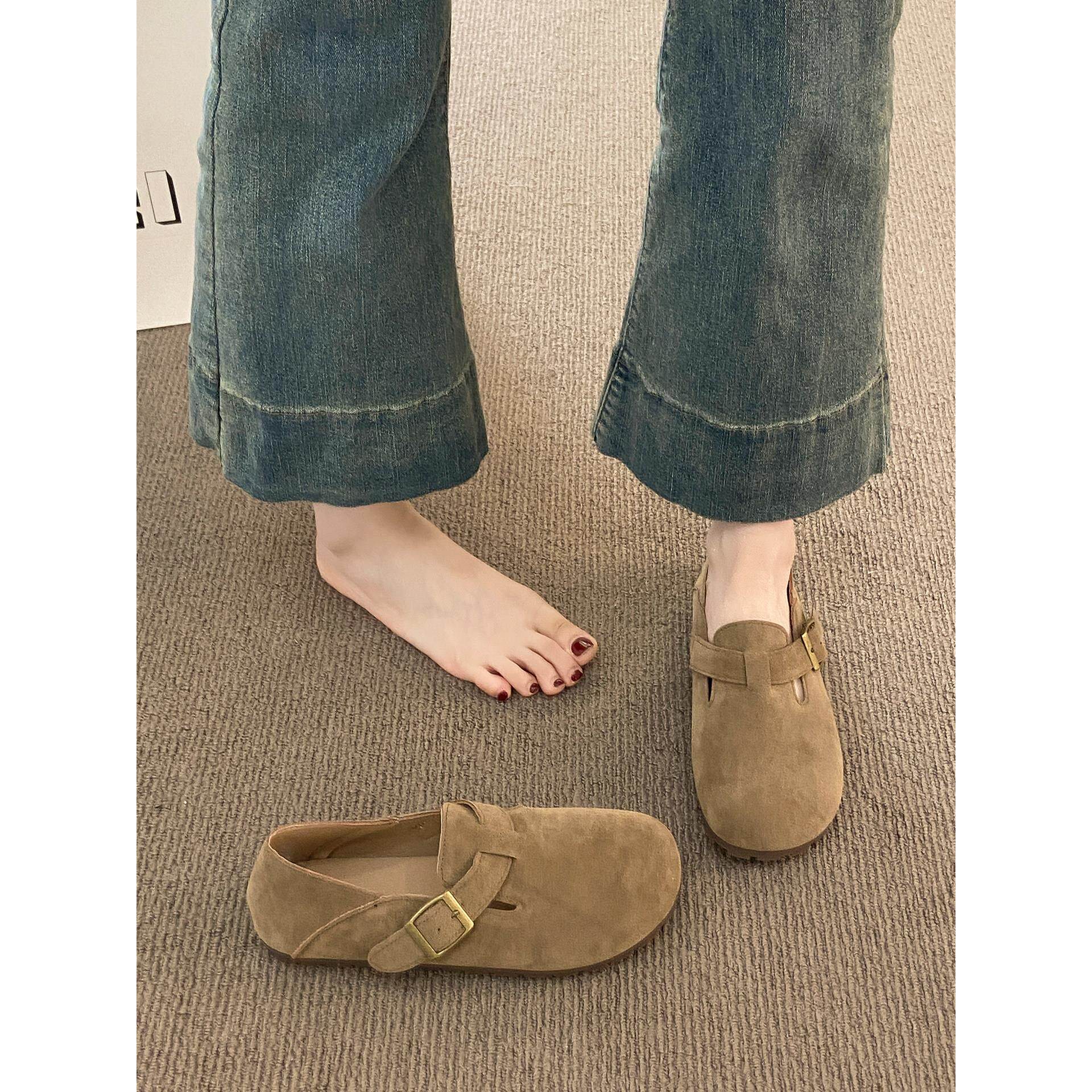 英国真皮平底全包勃肯鞋女秋季2025新款爆款一脚蹬豆豆鞋休闲单鞋