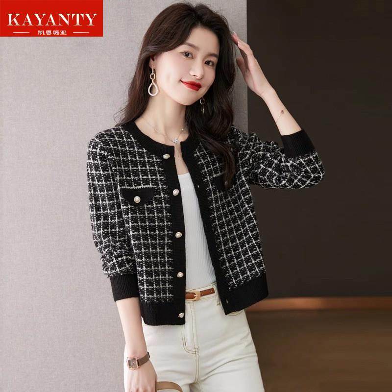 KAYANTY小香风外套女2025新款针织上衣千鸟格小个子高腰毛衣秋冬,女装/女士精品,短外套,淘宝优惠券,粉丝福利购,淘宝优惠卷