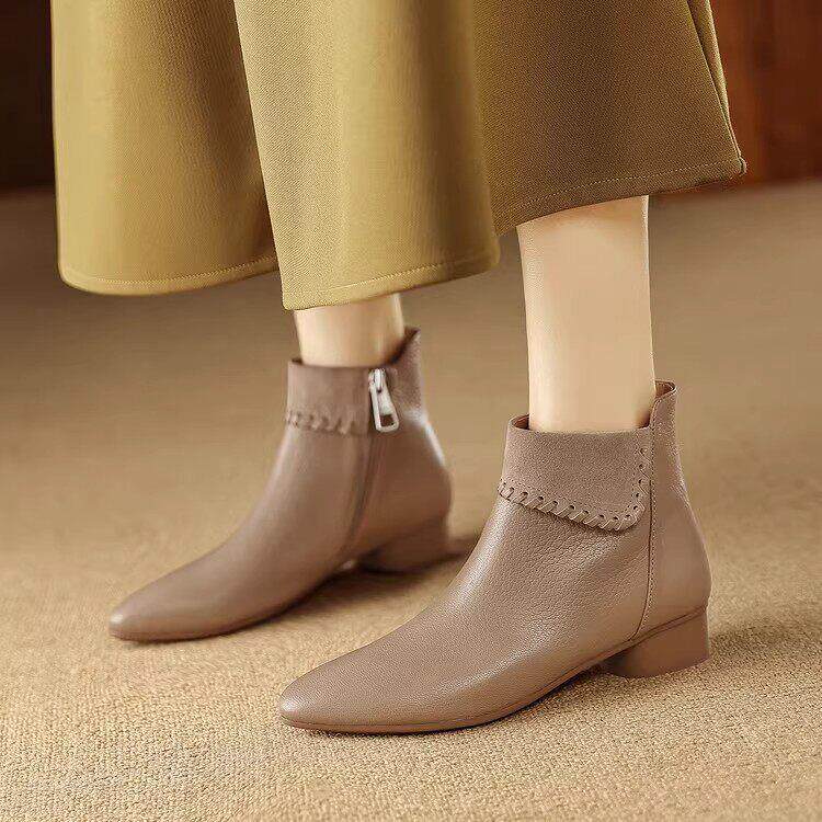 2025秋冬新款软羊皮小短靴女低跟真皮百搭平底单靴休闲软底及踝靴