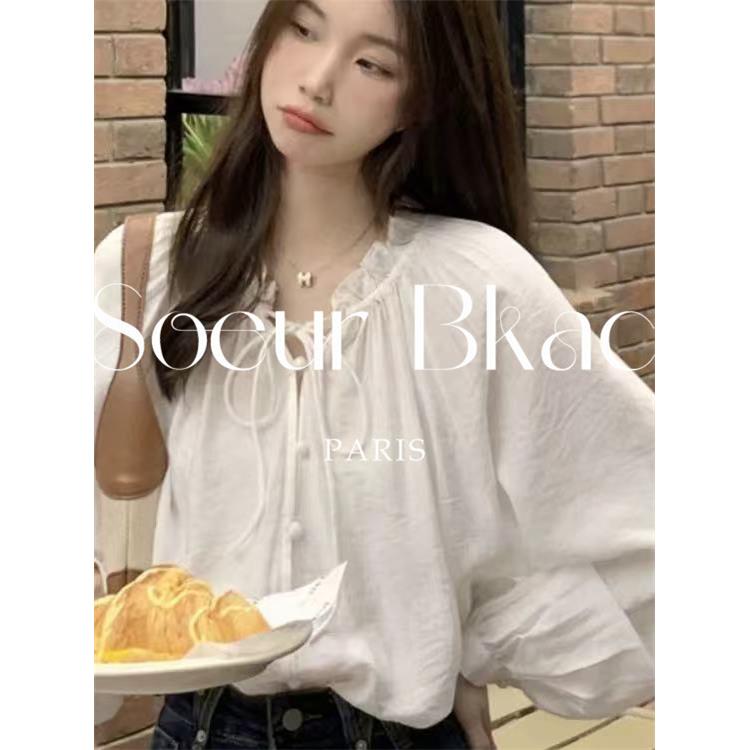 法国SOEUR BKAC春白色蝴蝶结抽绳休闲衬衫女法式小清新灯笼袖上衣
